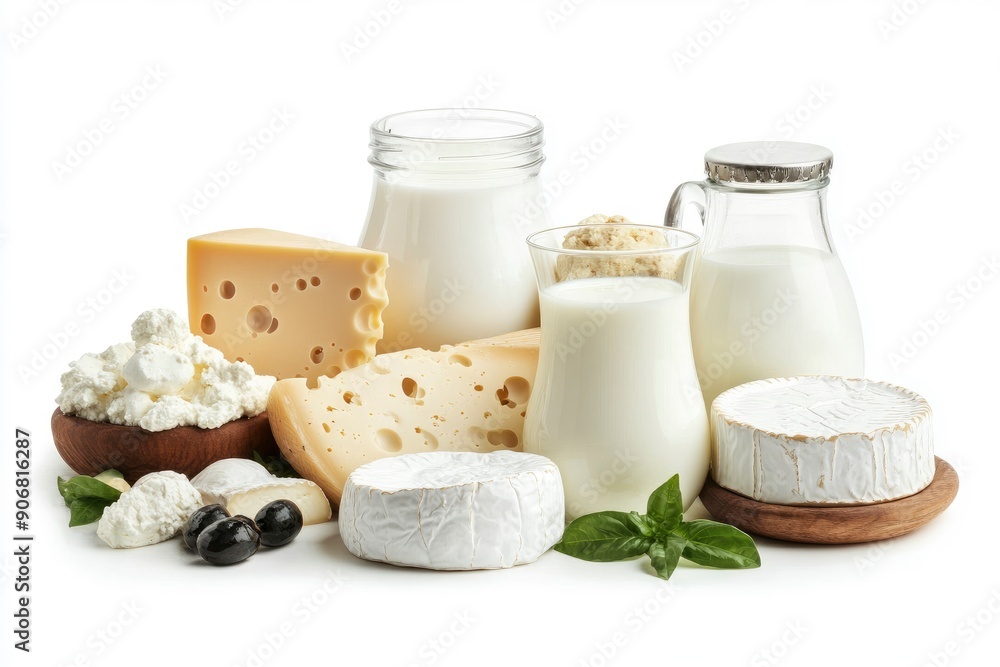 Dairy products, Milk, sour cream, cheese, mozzarella, yogurt, isolated on white background, full depth of field, ai Dairy products, Milk, sour cream, cheese, mozzarella, yogurt, isolated on white background, full depth of field, ai
