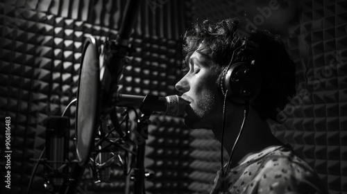 Voiceover artist readies for dubbing in soundproof studio for accurate vocal performance