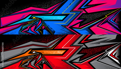 Racing cars decals vibrant abstract design, dynamic colorful graphic vinyl wraps. Stripe sticker for cars, bikes, skateboard
