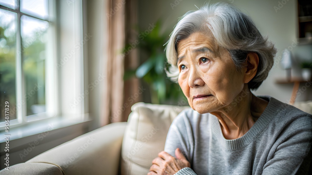 Elderly woman with Alzheimer's and memory loss sitting on a sofa, highlighting aging, mental health challenges, and caregiving in a home setting. Elderly woman with Alzheimer's and memory loss sitting on a sofa, highlighting aging, mental health challenges, and caregiving in a home setting.