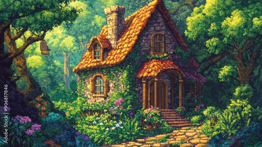 Obraz premium Pixel art house in the heart of a lush forest, featuring vivid colors and intricate details.