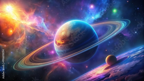 Fototapeta Naklejka Na Ścianę i Meble -  A beautiful planet in space with glowing rings and colorful nebulae , space, outer, galaxy, universe, cosmic