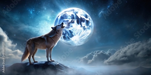 Wallpaper Mural Majestic wolf howling at the full moon in a mystical night , wolf, moon, night, mystical, howling, wild, nature, animals, darkness Torontodigital.ca