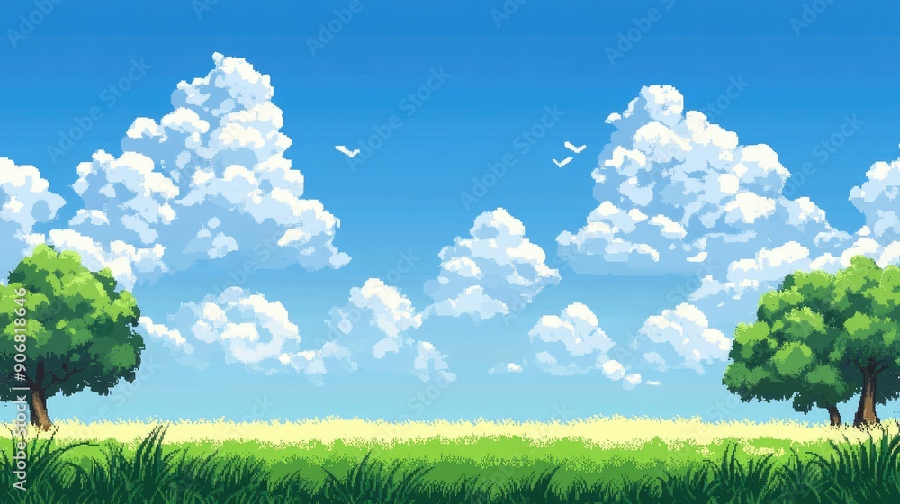 Pixel art landscape game background with blue sky, clouds, and grass ...