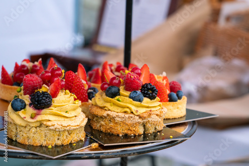 Sweet pastry on display at farmers market on Vltava riverside near Palackeho namesti, Prague, Czech Republic (Czechia), Europe photo