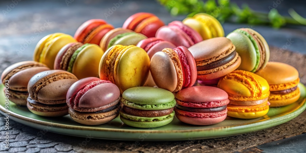 Obraz premium Elegant and colorful macaron food photography featuring a variety of flavors and beautifully arranged on a platter