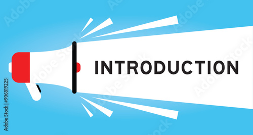 Color megaphone icon with word introduction in white banner on blue background