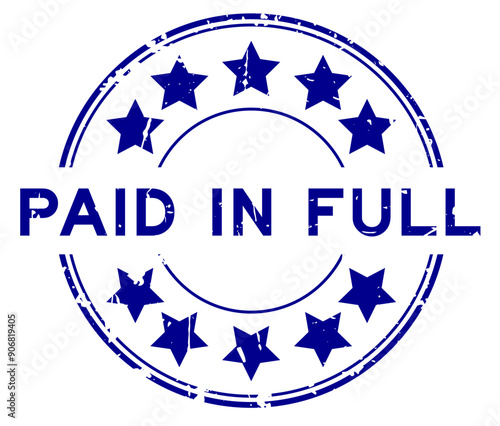 Grunge blue paid in full word round rubber seal stamp on white background