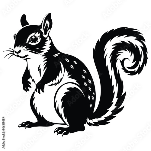 Black and White Illustration of a Squirrel with a Fluffy Tail