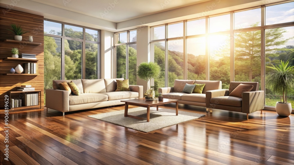 Sunlit brown living room with light laminate floor , warm, cozy, sunlight, interior design, home decor, modern Sunlit brown living room with light laminate floor , warm, cozy, sunlight, interior design, home decor, modern