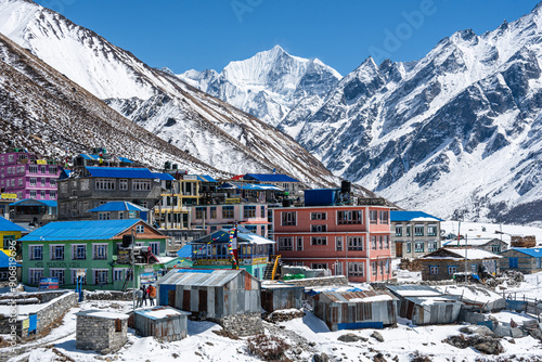 Colourful houses with blue rooftops in front of the icy summits of Gangchempo. Kyanjin Gompa, Langtang valley trek, Himalayas, Nepal, Asia