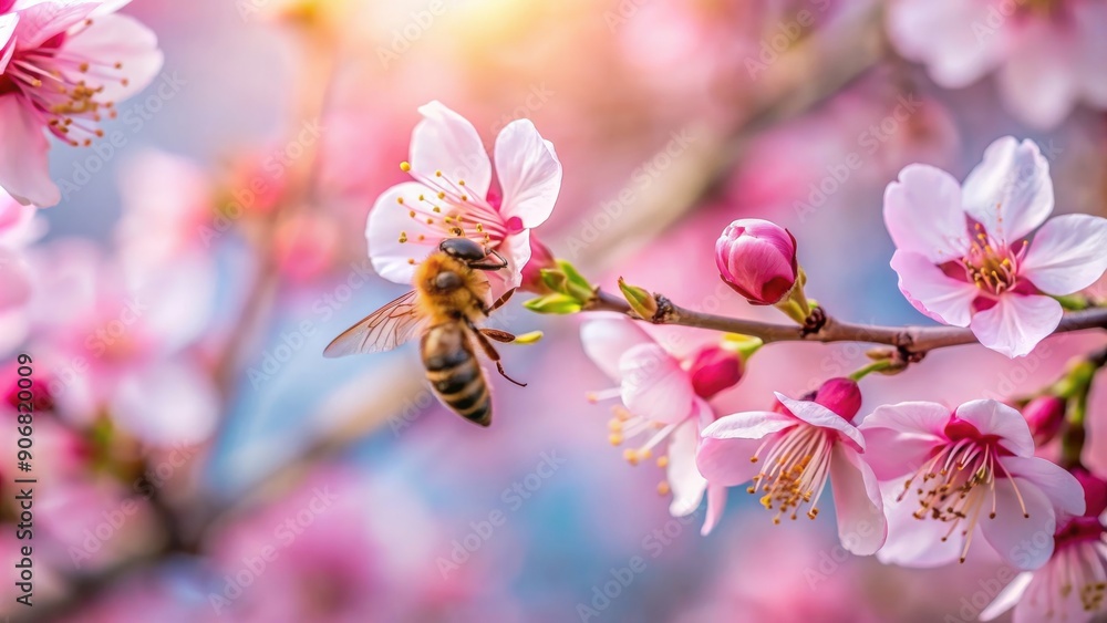 A bee perched on a delicate pink blossoming tree branch , bee, nature, spring, pollination, flower, insect, branch, garden