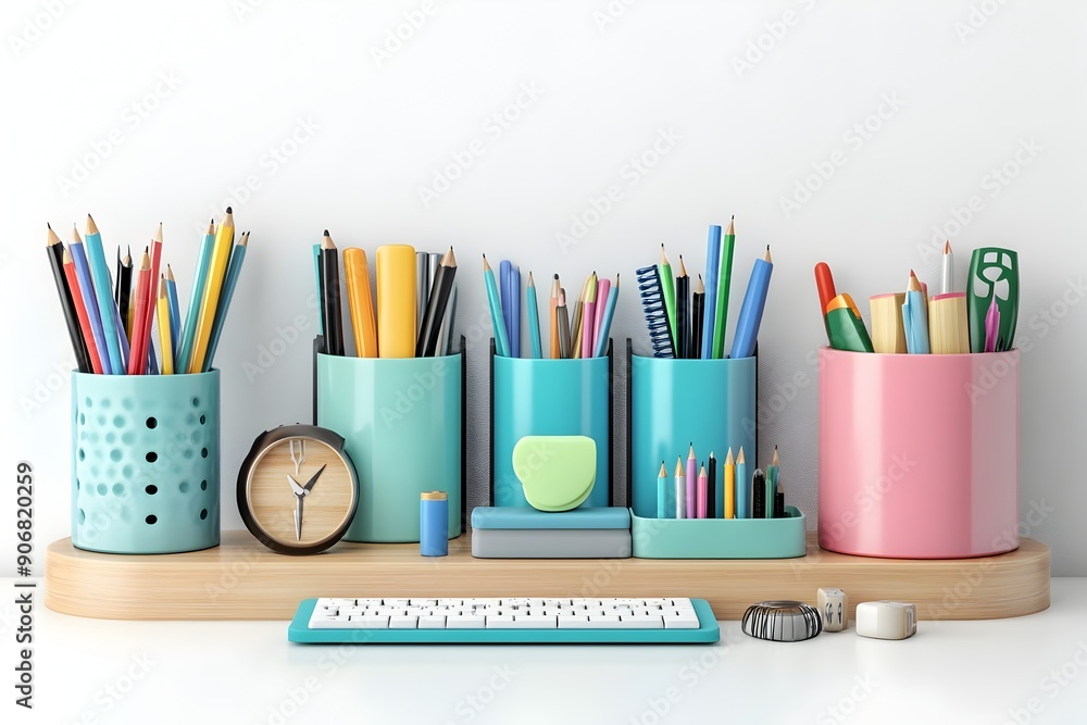 Fototapeta premium Meticulously Organized Desk Accessories with Stationery Items in a Minimalist 3D Rendered Studio