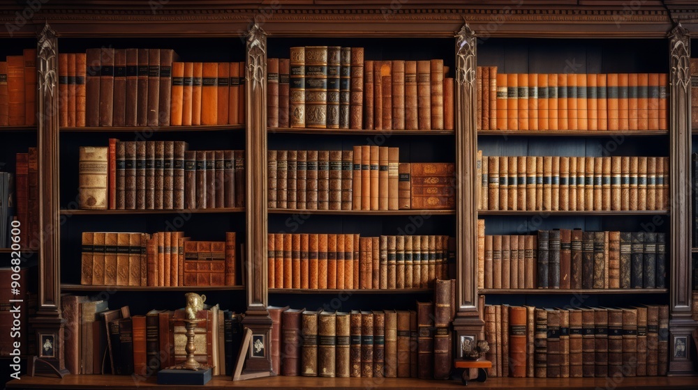 Many old brown books on wooden shelf in dark library. Neural network ai generated art Many old brown books on wooden shelf in dark library. Neural network ai generated art