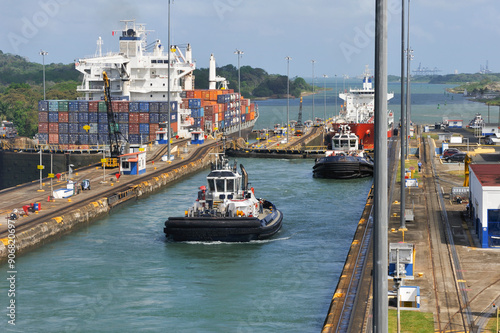 Tug boat crossing the Panama Canal, Gatun locks, Republic of Panama, Central America photo