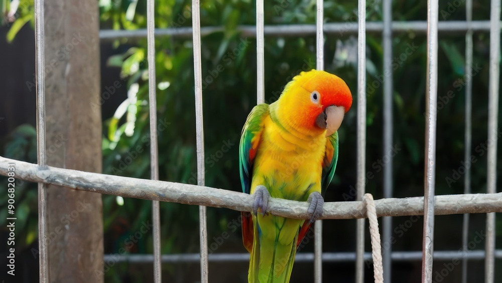 Obraz premium Beautiful Green parrot reading a book in a cage