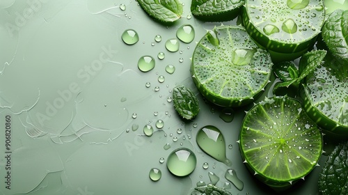 Fresh Green Leaves and Water Drops on a Green Background