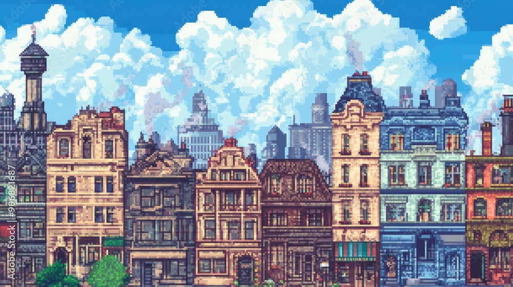 Fototapeta premium Pixel art of a retro big city, featuring 8-bit style buildings and vintage urban charm.