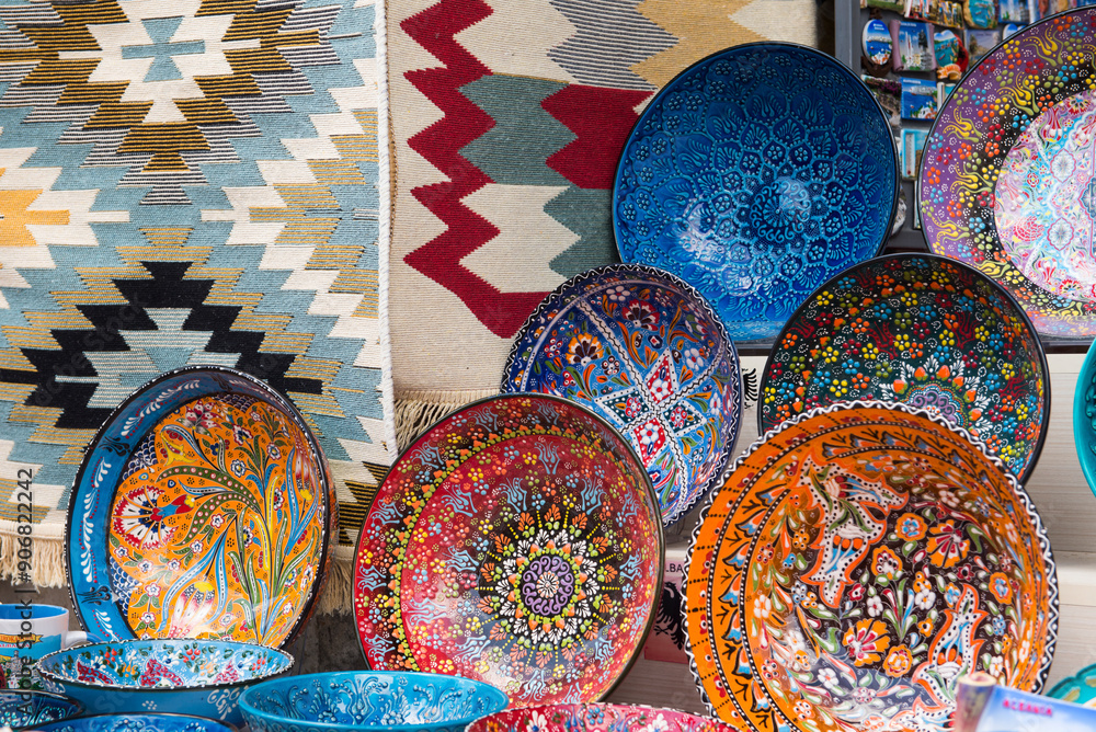 Carpets and ceramics in a showcase, Gjirokaster (Gjirokastra), Municipality of Southern Albania, UNESCO World Heritage Site, Albania, Europe Carpets and ceramics in a showcase, Gjirokaster (Gjirokastra), Municipality of Southern Albania, UNESCO World Heritage Site, Albania, Europe