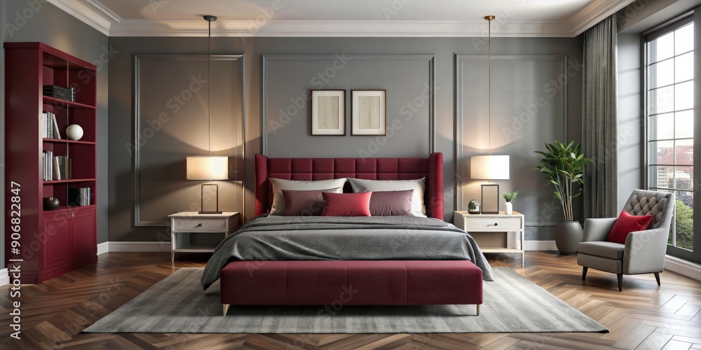 Stylish bedroom in grey and crimson bold contrast, stylish, bedroom, grey, crimson, bold, contrast, interior design, modern, elegant, luxury Stylish bedroom in grey and crimson bold contrast, stylish, bedroom, grey, crimson, bold, contrast, interior design, modern, elegant, luxury