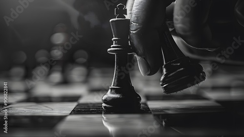 Hand Holding a Chess Piece: A hand moving a chess piece, making a strategic move on the board.
