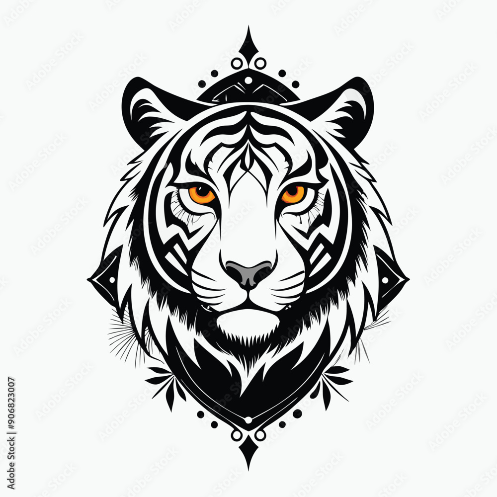 Obraz premium Ornate Black and White Tiger Head with Orange Eyes