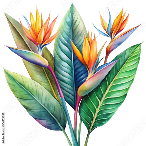 Watercolor clipart bird of paradise leaves, exotic and colorful, hand-painted, transparent background