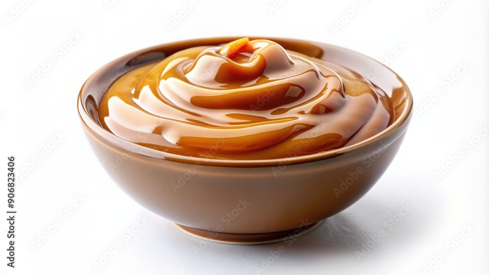 Delicious caramel sauce in a white bowl isolated on white background, caramel, sauce, dessert, sweet, drizzle Delicious caramel sauce in a white bowl isolated on white background, caramel, sauce, dessert, sweet, drizzle