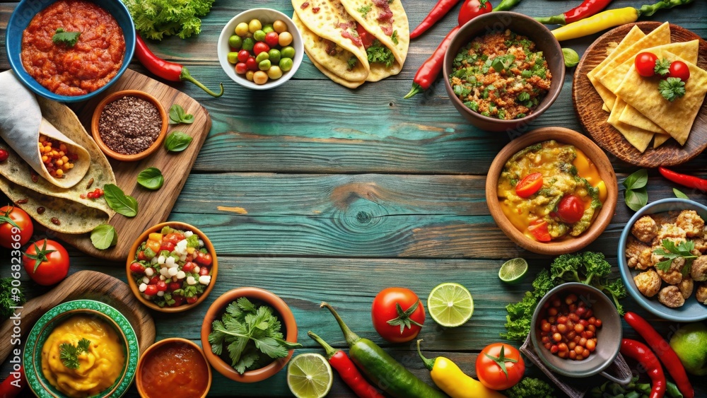 Delicious spread of Mexican dishes on the table , Tacos, Burritos, quesadillas, chili, fajitas, tortillas, Mexican cuisine Delicious spread of Mexican dishes on the table , Tacos, Burritos, quesadillas, chili, fajitas, tortillas, Mexican cuisine