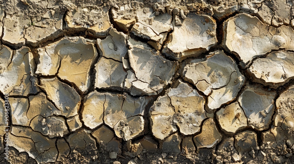 Dry cracked mud indicating decreased water levels in arid landscape Dry cracked mud indicating decreased water levels in arid landscape