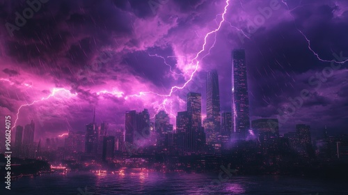 Purple-lit city under a powerful lightning storm, capturing the dramatic and electrifying scene.