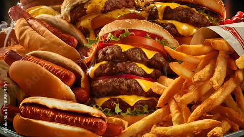 Close-up of homemade tasty burger, hot dogs, fried chicken, and French fries. Classic American fast food. photo