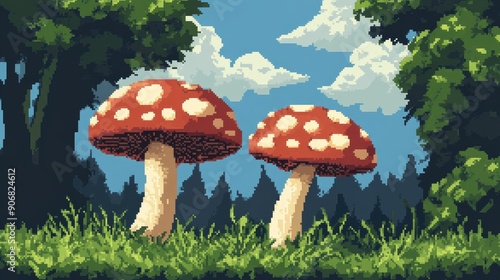 Wallpaper Mural Retro 8-bit mushrooms in pixel art, bringing a classic video game feel to your designs Torontodigital.ca