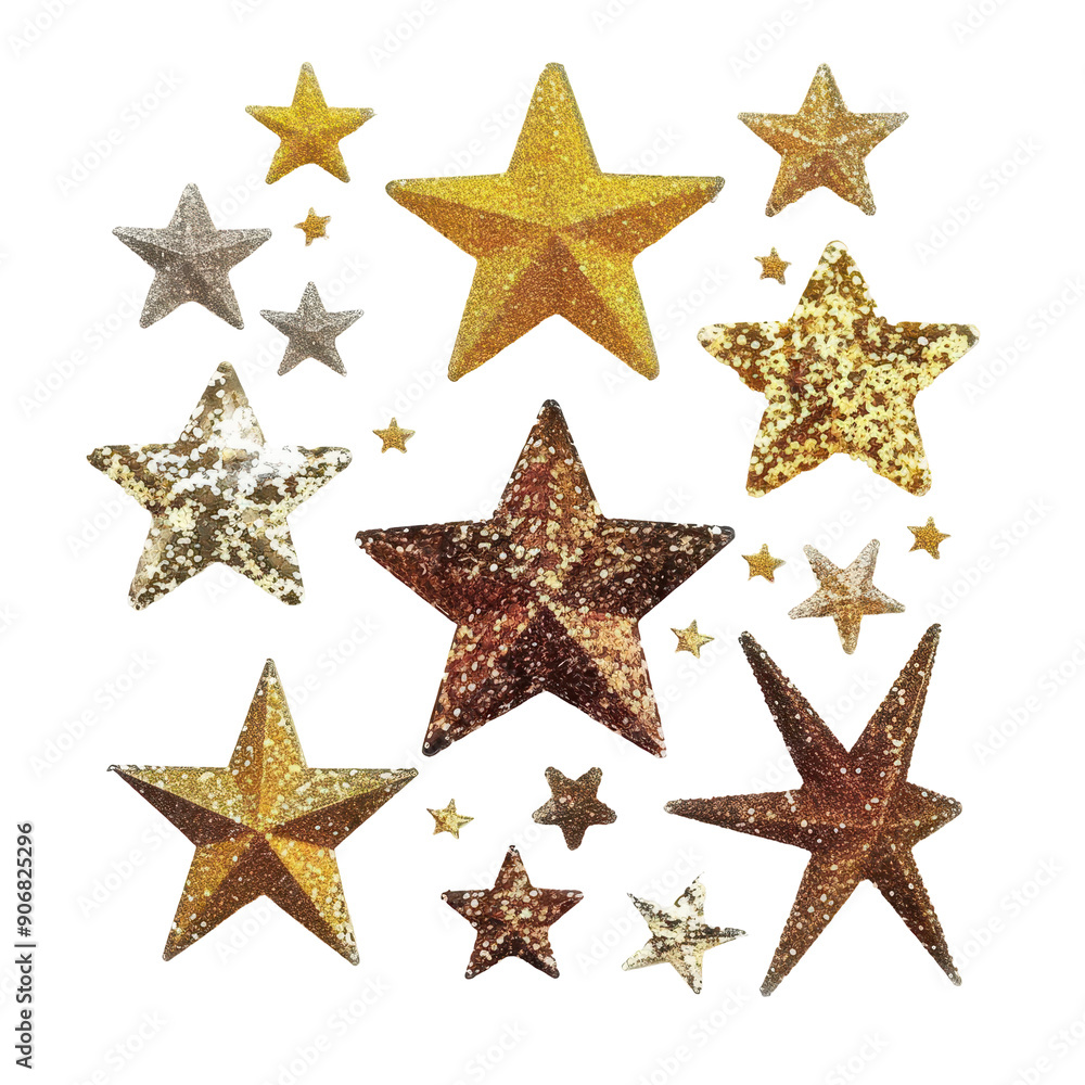 Sparkling gold stars in various sizes and shapes on a white background, evoking a festive and celebratory mood. Great for holiday and event designs. Sparkling gold stars in various sizes and shapes on a white background, evoking a festive and celebratory mood. Great for holiday and event designs.