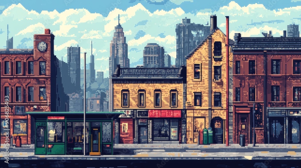Obraz premium Retro pixel art city scene with a bus stop, detailed buildings, and AI-enhanced urban elements.