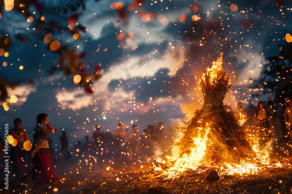 Obraz premium Easter Celebration: A Close-up of a Bonfire's Warm Glow, Straw Decorations, and People Dancing in a Starry Night Sky Illuminated by Festive Lights