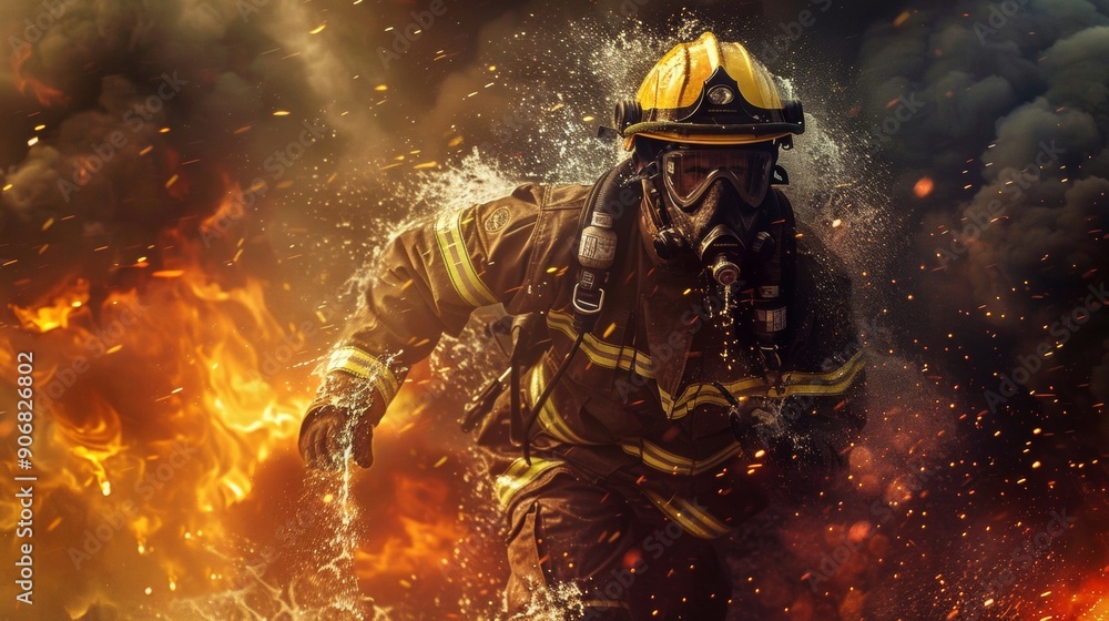 professional firefighter in suit in the middle of fire and smoke with copy space professional firefighter in suit in the middle of fire and smoke with copy space