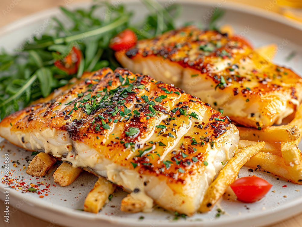 a plate of food, which includes a piece of fish on a bed of fries, accompanied by a side salad and a tomato slice. a plate of food, which includes a piece of fish on a bed of fries, accompanied by a side salad and a tomato slice.