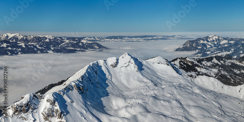 View from Nordwandsteig walk on Nebelhorn Mountain, 2224m, to Entschenkopf Mountain, 2043m, Oberstdorf, Swabia, Bavarian Alps, Bavaria, Germany, Europe photo