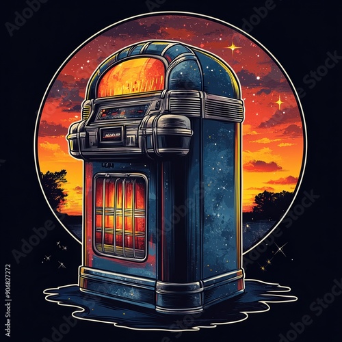 A vintage jukebox with a cosmic sunset background, radiating nostalgic vibes and warm colors.