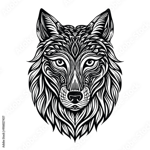 Intricate Black and White Wolf Head Illustration photo