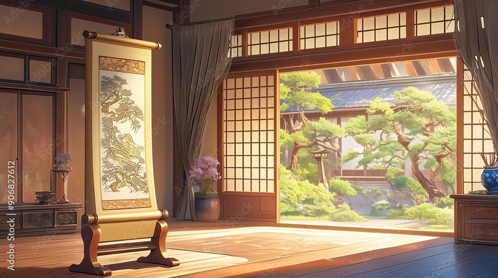 A serene interior with natural light, featuring traditional decor and a beautiful garden view through shoji screens. A serene interior with natural light, featuring traditional decor and a beautiful garden view through shoji screens.
