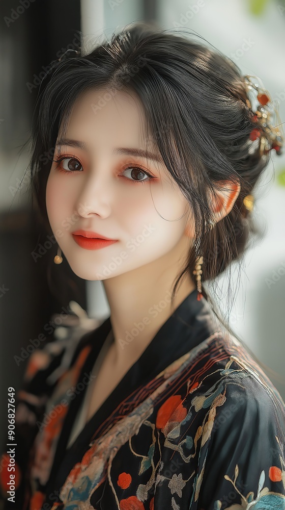 A modern Chinese woman with large eyes wears elegant traditional attire, showcasing her beauty and grace in soft daylight. A modern Chinese woman with large eyes wears elegant traditional attire, showcasing her beauty and grace in soft daylight.