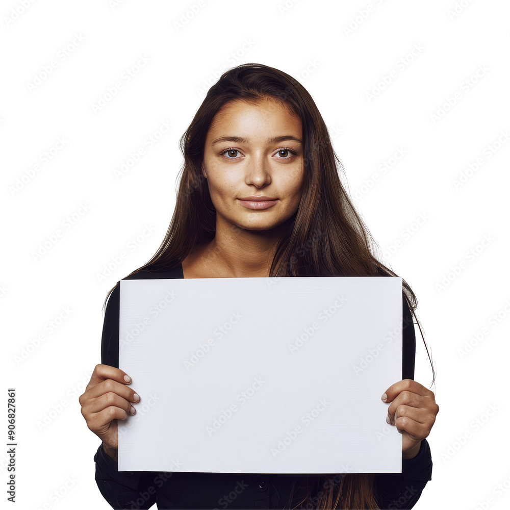 Serious young woman holding a blank sheet of paper, wearing a gray shirt, isolated on white background. Concept of protest, message, or identity. Serious young woman holding a blank sheet of paper, wearing a gray shirt, isolated on white background. Concept of protest, message, or identity.