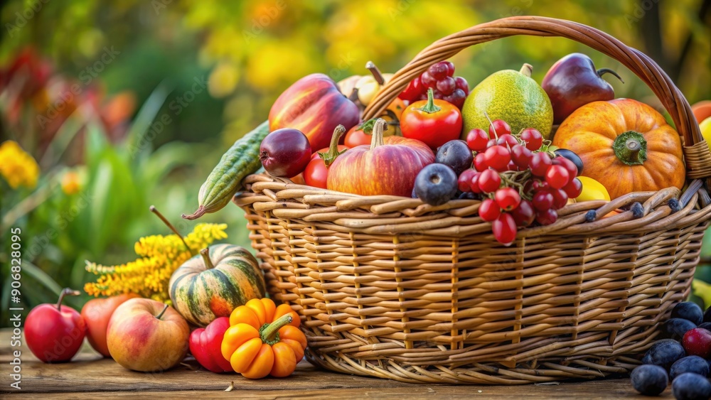 A close-up of a woven basket overflowing with a colorful and abundant harvest, abundance, harvest, basket, agriculture, bounty A close-up of a woven basket overflowing with a colorful and abundant harvest, abundance, harvest, basket, agriculture, bounty