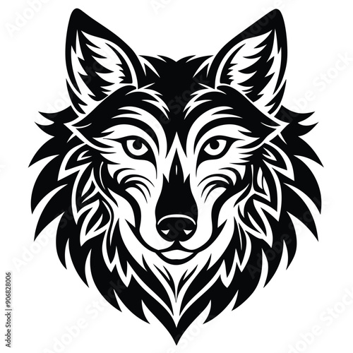Black and White Stylized Wolf Head Illustration