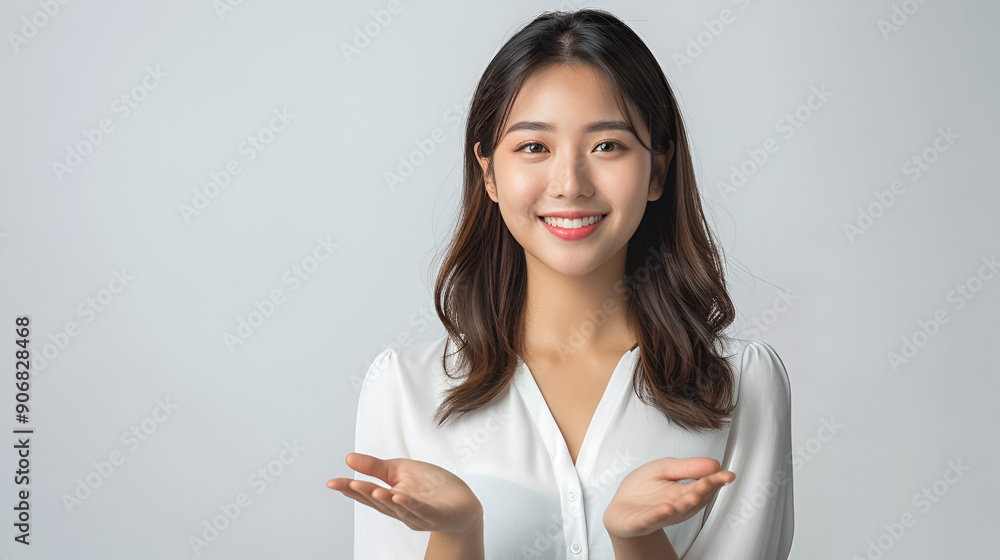 Young Business Casual Asian Woman in hands holding postion Young Business Casual Asian Woman in hands holding postion