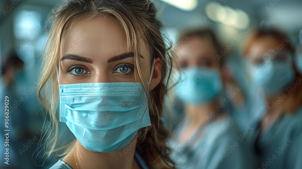 Young Female Doctor or Nurse Wearing Protective Mask in Hospital Corridor, Portrait Young Female Doctor or Nurse Wearing Protective Mask in Hospital Corridor, Portrait