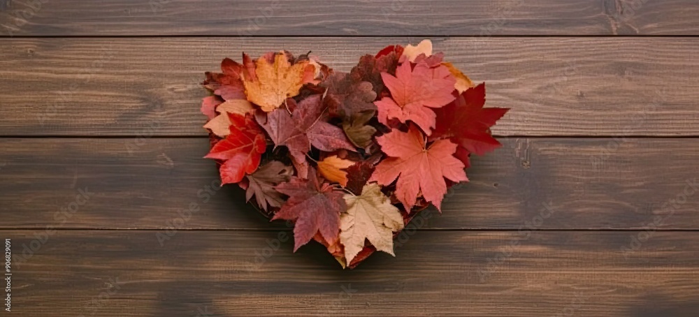 Autumn Leaves Forming A Heart Shape On A Wooden Background Autumn Leaves Forming A Heart Shape On A Wooden Background