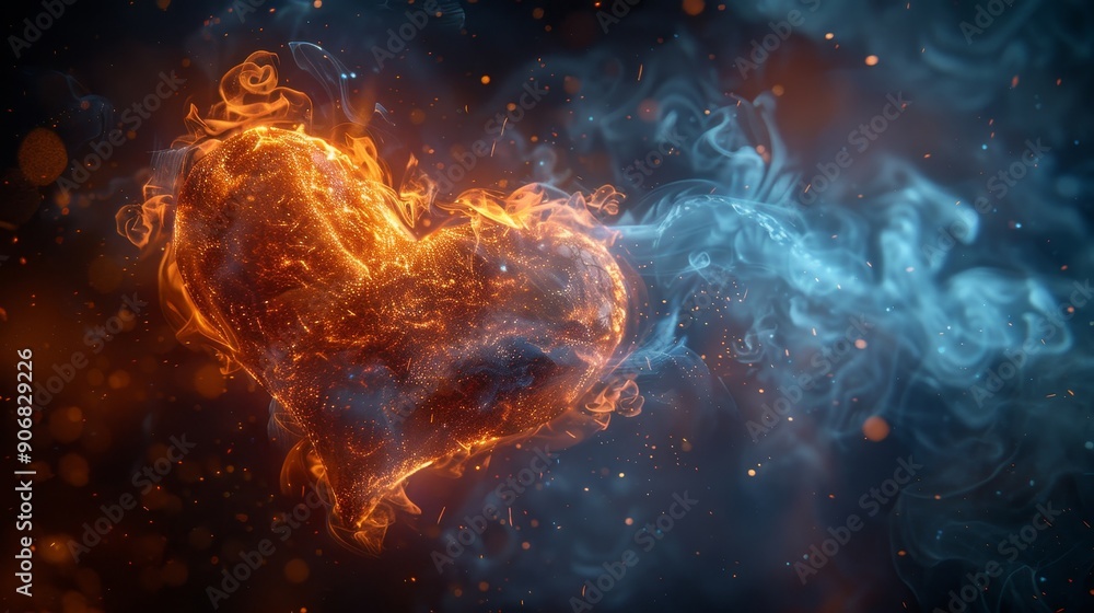 Fiery Heart Burning with Passion and Embraced by Cool Mist, VFX, Heart on Fire, Burning Love Fiery Heart Burning with Passion and Embraced by Cool Mist, VFX, Heart on Fire, Burning Love